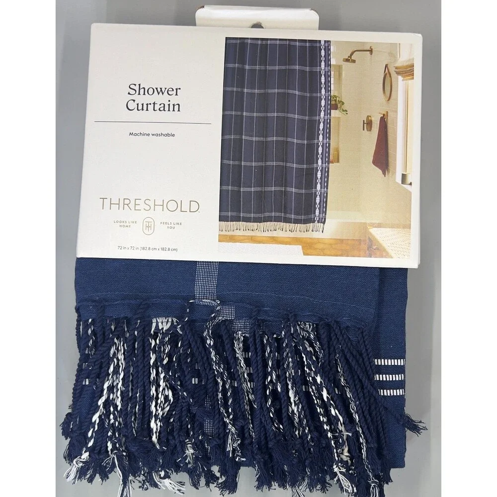 Threshold Indigo Ikat Shower Curtain 72x72 Navy Blue 100% Cotton Fringe NWT - Picture 2 of 4